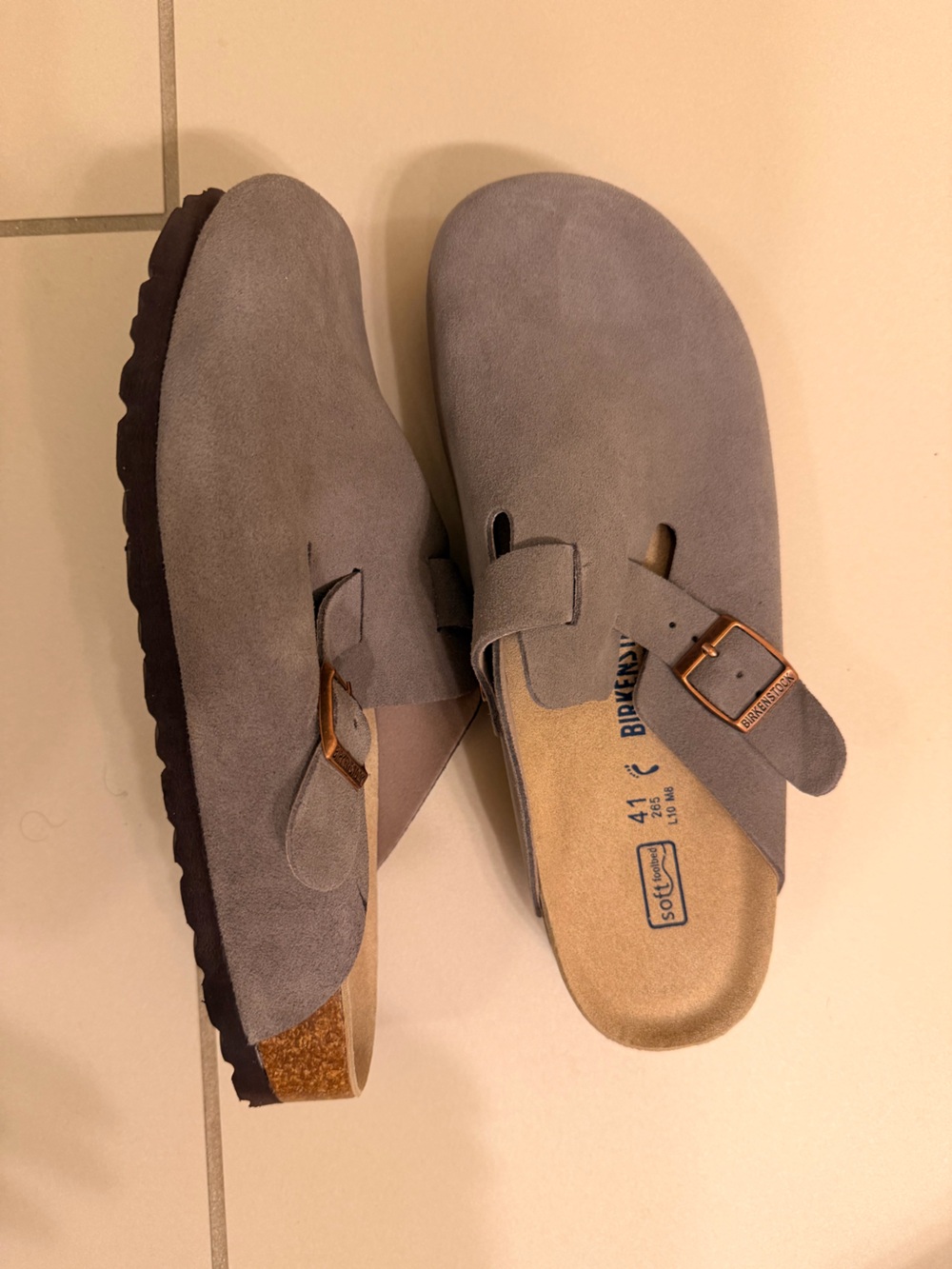 Birkenstock Grey Suede Boston Slip-On Clogs with Buckle